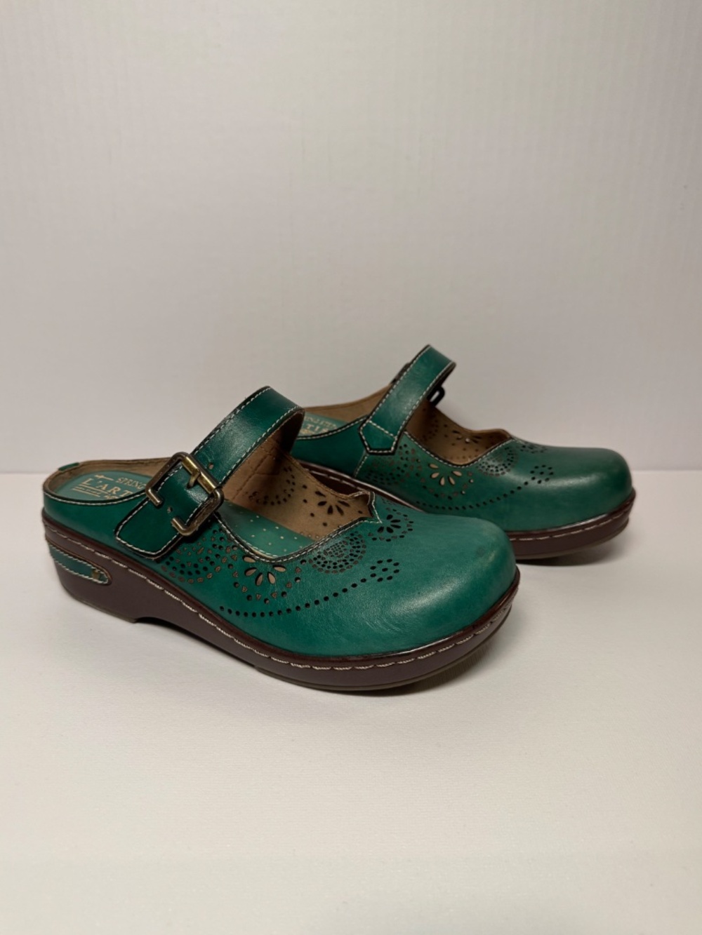 L’Artiste Aneira Green Leather Mary Jane Clogs EU 37 Boho Comfort Clogs - Picture 2 of 13